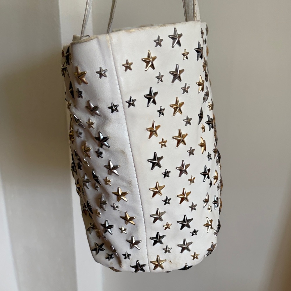 Jimmy Choo White Leather Gold, Silver, Gunmetal Star Studded Tote Bag - Picture 4 of 15